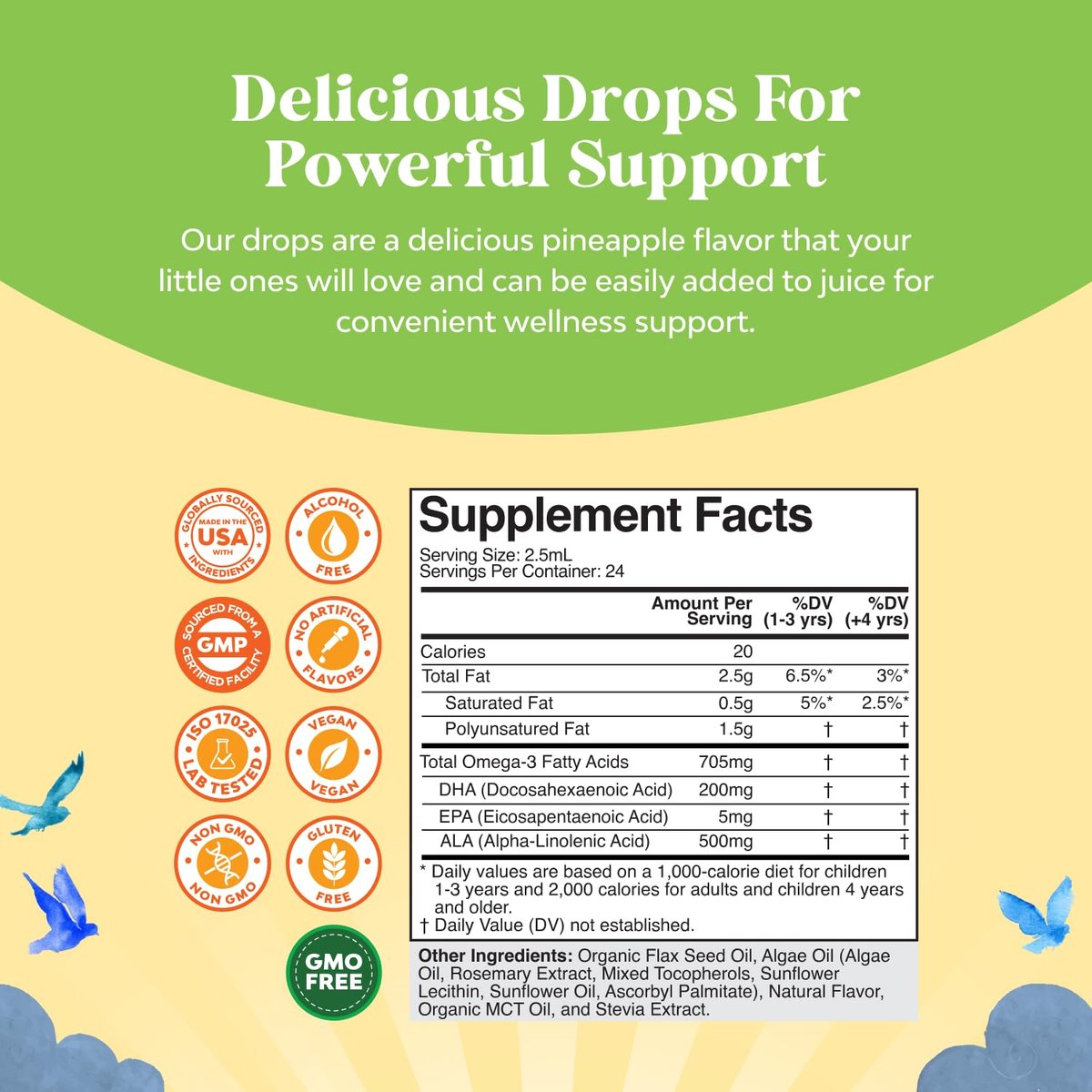 Natures Craft Kids DHA Omega 3 6 9 Tropfen – Flüssiges Omega-3 für Kinder mit EPA & ALA zur Unterstützung von Gehirn, Immunsystem und Sehkraft – 2 Fl Oz