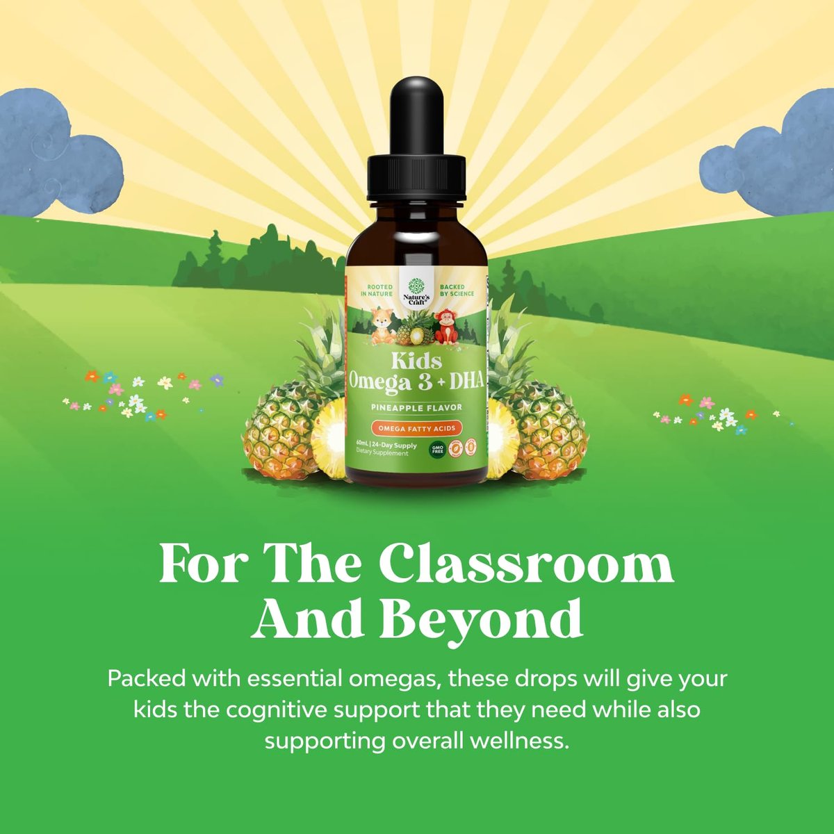 Natures Craft Kids DHA Omega 3 6 9 Tropfen – Flüssiges Omega-3 für Kinder mit EPA & ALA zur Unterstützung von Gehirn, Immunsystem und Sehkraft – 2 Fl Oz