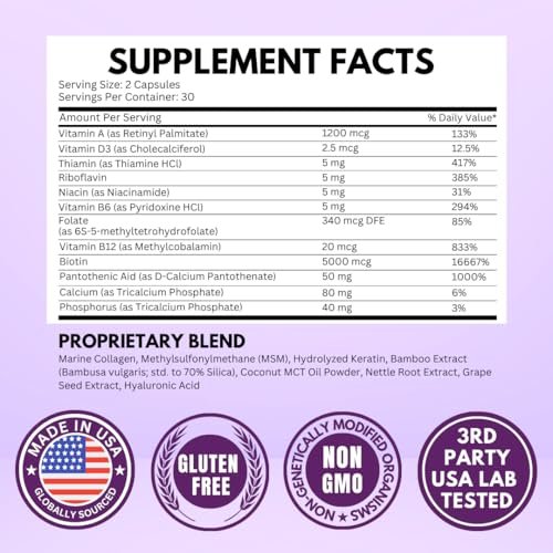 VITBOOST Biotin mit Hyaluronsäure, Kollagen und Keratin – 25000 mcg Haarwuchs-Vitamine für Männer und Frauen – Nägel und Haut, USA hergestellt, drittgeprüft, B1, B2, B3, B6, B7 Komplex – 60 Kapseln
