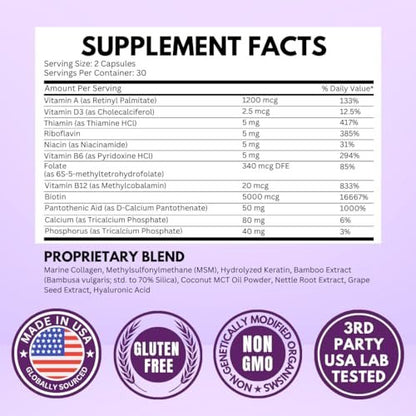 VITBOOST Biotin mit Hyaluronsäure, Kollagen und Keratin – 25000 mcg Haarwuchs-Vitamine für Männer und Frauen – Nägel und Haut, USA hergestellt, drittgeprüft, B1, B2, B3, B6, B7 Komplex – 60 Kapseln