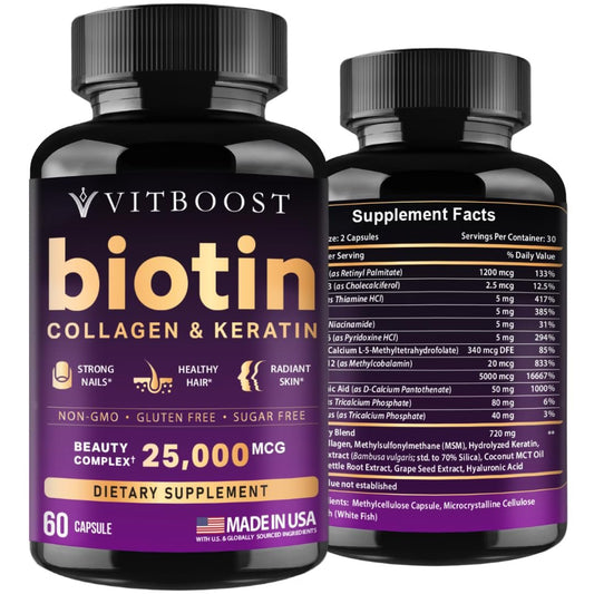 VITBOOST Biotin mit Hyaluronsäure, Kollagen und Keratin – 25000 mcg Haarwuchs-Vitamine für Männer und Frauen – Nägel und Haut, USA hergestellt, drittgeprüft, B1, B2, B3, B6, B7 Komplex – 60 Kapseln