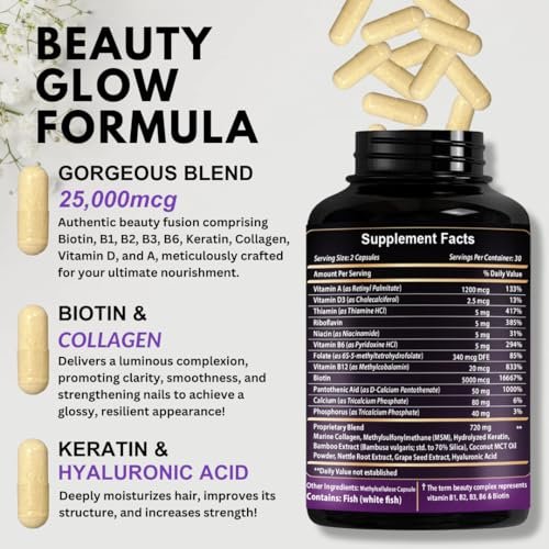 VITBOOST Biotin mit Hyaluronsäure, Kollagen und Keratin – 25000 mcg Haarwuchs-Vitamine für Männer und Frauen – Nägel und Haut, USA hergestellt, drittgeprüft, B1, B2, B3, B6, B7 Komplex – 60 Kapseln