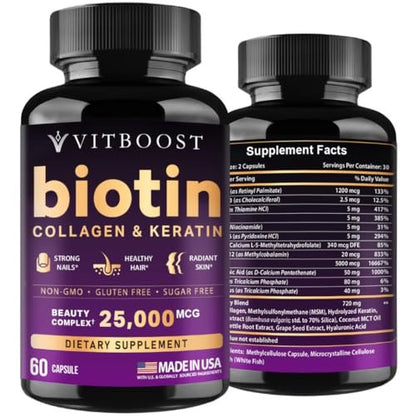 VITBOOST Biotin mit Hyaluronsäure, Kollagen und Keratin – 25000 mcg Haarwuchs-Vitamine für Männer und Frauen – Nägel und Haut, USA hergestellt, drittgeprüft, B1, B2, B3, B6, B7 Komplex – 60 Kapseln