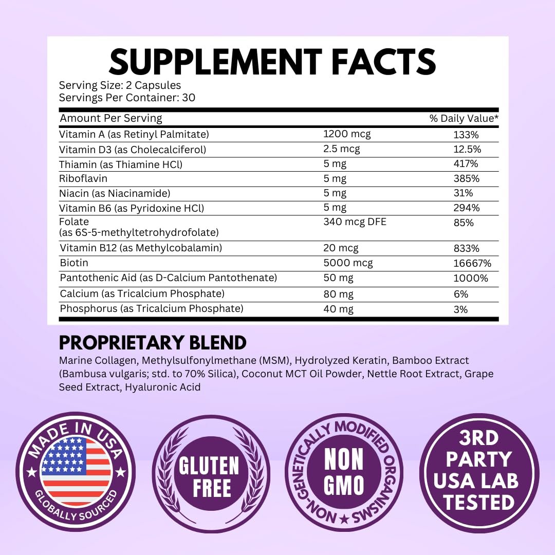 VITBOOST Biotin mit Hyaluronsäure, Kollagen und Keratin – 25000 mcg Haarwuchs-Vitamine für Männer und Frauen – Nägel und Haut, USA hergestellt, drittgeprüft, B1, B2, B3, B6, B7 Komplex – 60 Kapseln