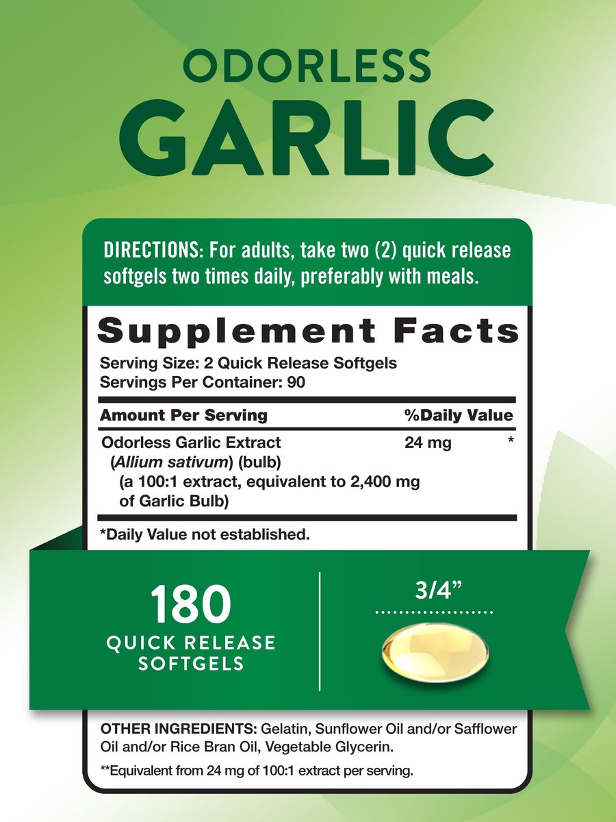 Nature's Truth Geruchlose Knoblauch Softgels | 180 Kapseln | Nicht-GVO & Glutenfrei