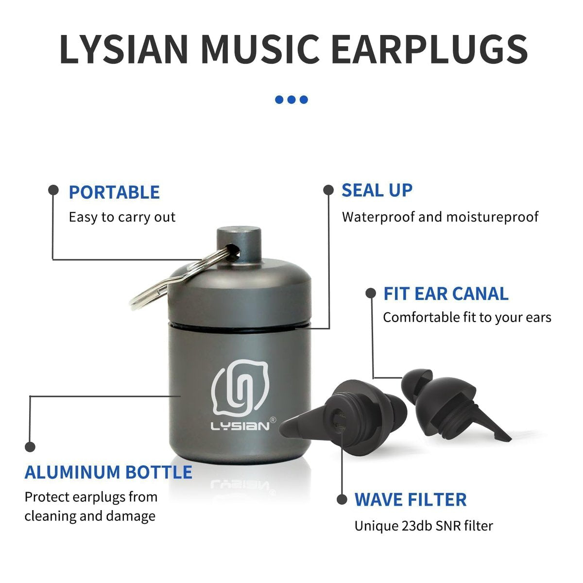 LYSIAN High Fidelity Konzert Ohrstöpsel, 23dB Geräuschreduzierung, Musiker Ohrstöpsel für Konzerte, Festivals & Raves, Wiederverwendbare weiche Ohrstöpsel mit Aluminiumetui, 2 Paar Schwarz