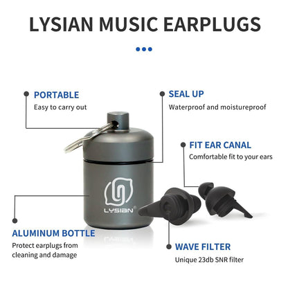 LYSIAN High Fidelity Konzert Ohrstöpsel, 23dB Geräuschreduzierung, Musiker Ohrstöpsel für Konzerte, Festivals & Raves, Wiederverwendbare weiche Ohrstöpsel mit Aluminiumetui, 2 Paar Schwarz