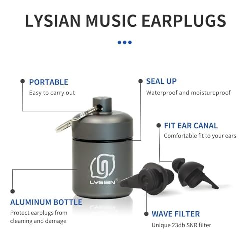 LYSIAN High Fidelity Konzert Ohrstöpsel, 23dB Geräuschreduzierung, Musiker Ohrstöpsel für Konzerte, Festivals & Raves, Wiederverwendbare weiche Ohrstöpsel mit Aluminiumetui, 2 Paar Schwarz
