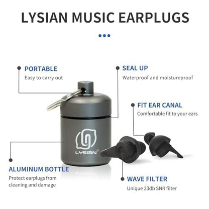 LYSIAN High Fidelity Konzert Ohrstöpsel, 23dB Geräuschreduzierung, Musiker Ohrstöpsel für Konzerte, Festivals & Raves, Wiederverwendbare weiche Ohrstöpsel mit Aluminiumetui, 2 Paar Schwarz