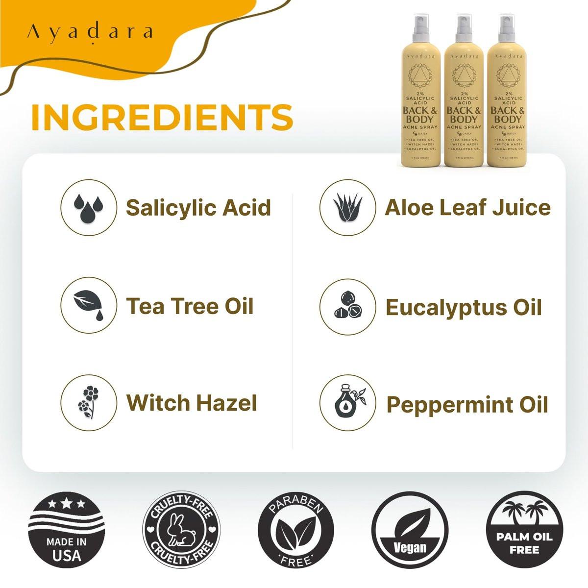AYADARA Akne Körper Spray mit 2% Salicylsäure – gegen Rückenakne, Körperakne, Zystische Akne, Hormonelle Akne für Jugendliche & Erwachsene, 3er-Pack (4 Fl Oz pro Flasche)