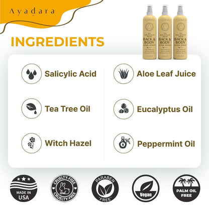 AYADARA Akne Körper Spray mit 2% Salicylsäure – gegen Rückenakne, Körperakne, Zystische Akne, Hormonelle Akne für Jugendliche & Erwachsene, 3er-Pack (4 Fl Oz pro Flasche)