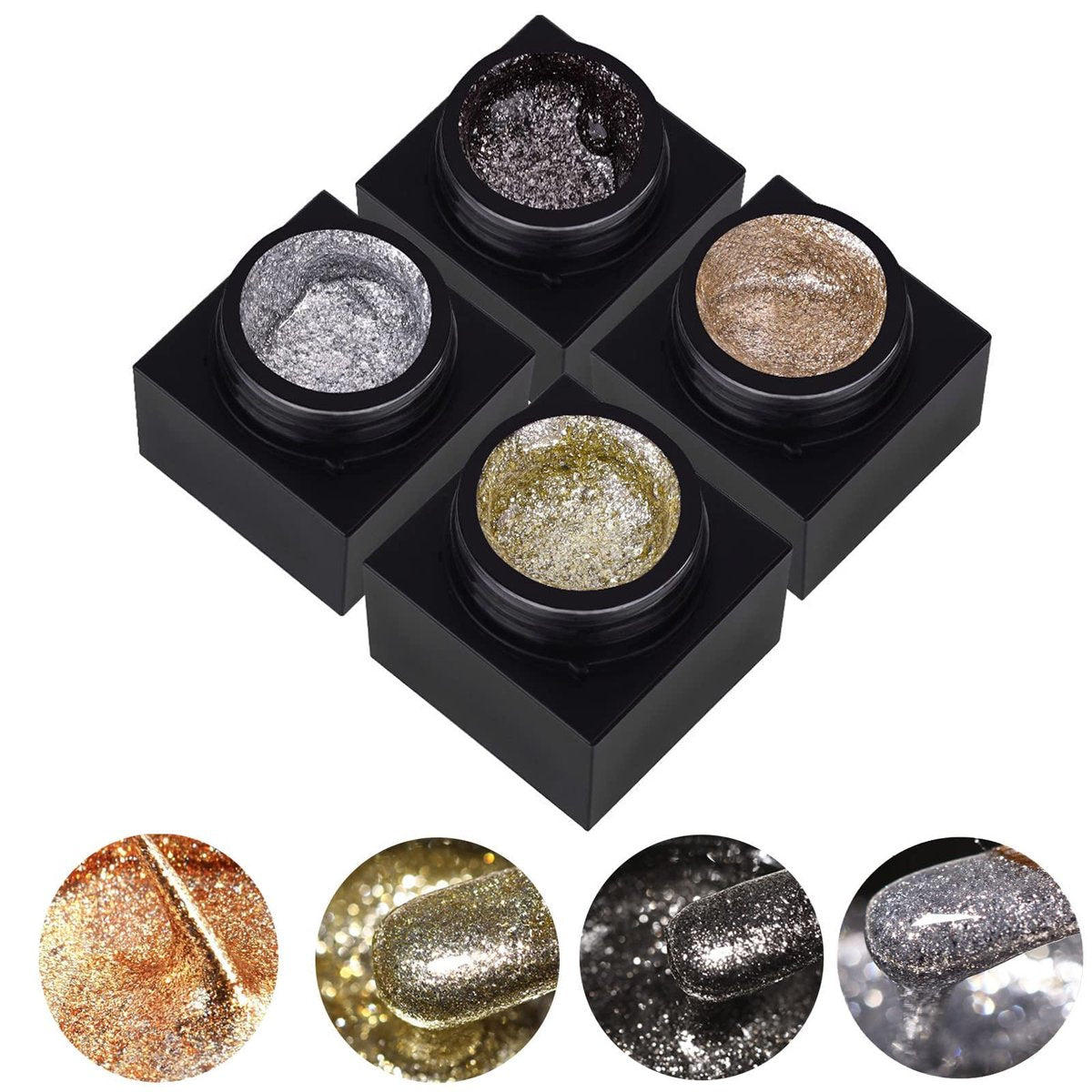 Silberner Metal Glitter Gel Nagellack 4 Farben - Metallic Platinum Gel Nagellack Set mit Gold, Silber, Schwarz Glitzer für DIY Nail Art