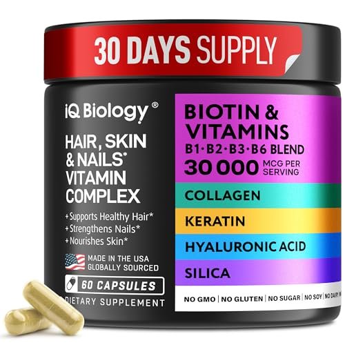 Biotin 10.000 mcg Nahrungsergänzungsmittel für Haarwachstum mit Kollagen & Keratin gegen Haarausfall & dünner werdendes Haar - Haar-, Haut- und Nagelvitamine für Frauen & Männer - Gesunder Nachwuchs, Hautglanz & Nagelreparatur - 60 Kapseln