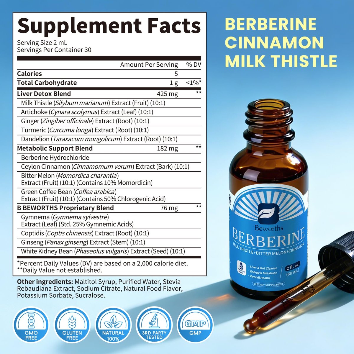 Berberin Komplex mit Ceylon Zimt – Berberin Flüssigtropfen mit Mariendistel, Kurkuma, Bittermelone – für Verdauung und Immunsystem – 60 ml