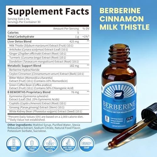 Berberin Komplex mit Ceylon Zimt – Berberin Flüssigtropfen mit Mariendistel, Kurkuma, Bittermelone – für Verdauung und Immunsystem – 60 ml