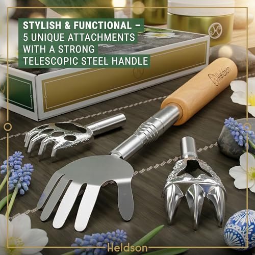 HELDSON® Ausziehbarer Rückenkratzer [5 Kratzköpfe] - Teleskop-Rückenkratzer aus Edelstahl für Erwachsene - Metall-Bärenkralle Rückenkratzer-Stab - Geschenke für Männer und Frauen