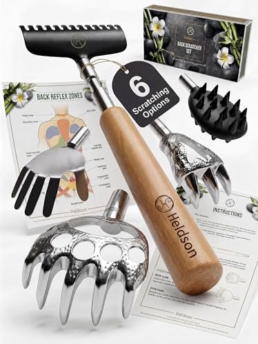 HELDSON® Ausziehbarer Rückenkratzer [5 Kratzköpfe] - Teleskop-Rückenkratzer aus Edelstahl für Erwachsene - Metall-Bärenkralle Rückenkratzer-Stab - Geschenke für Männer und Frauen