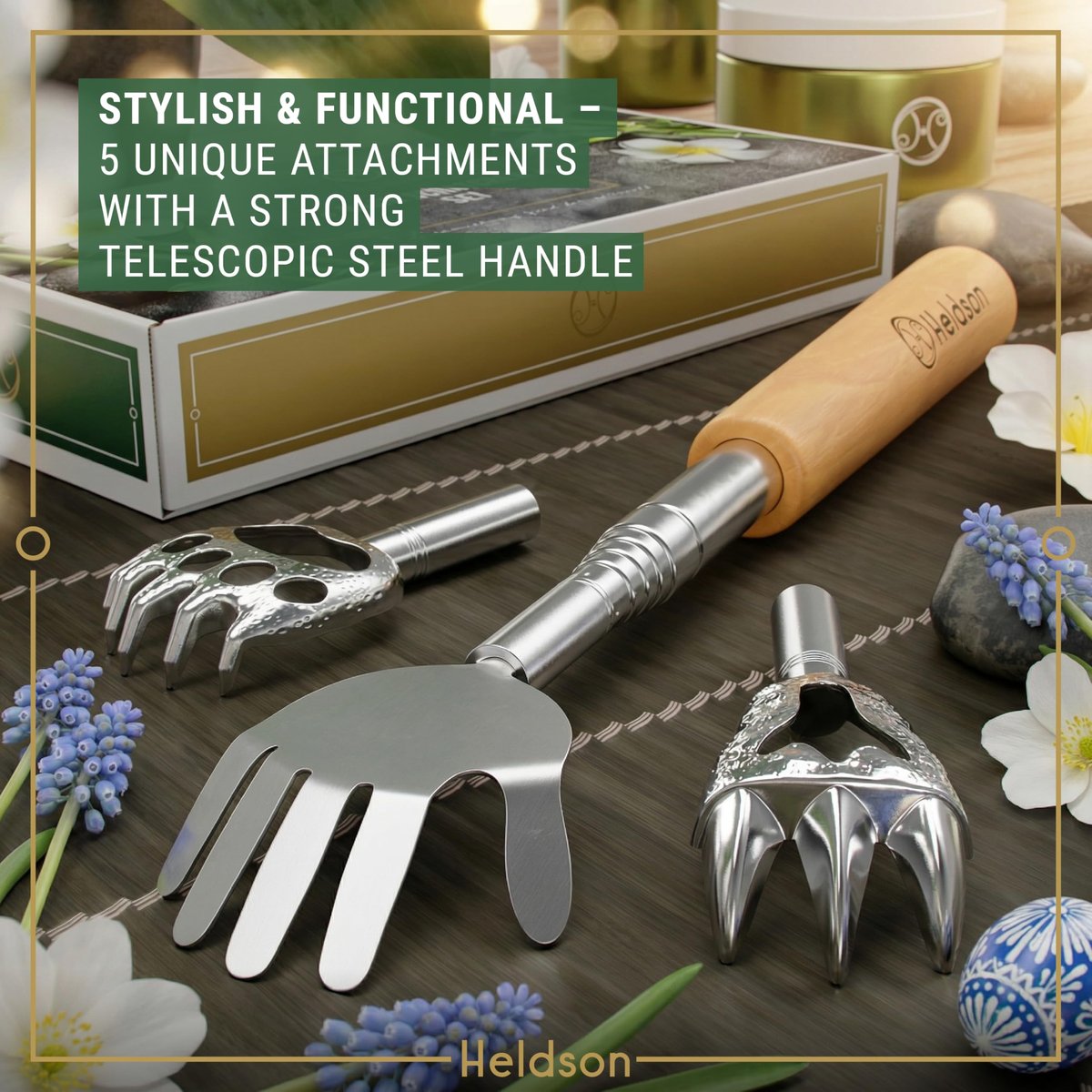 HELDSON® Ausziehbarer Rückenkratzer [5 Kratzköpfe] - Teleskop-Rückenkratzer aus Edelstahl für Erwachsene - Metall-Bärenkralle Rückenkratzer-Stab - Geschenke für Männer und Frauen
