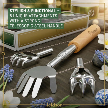 HELDSON® Ausziehbarer Rückenkratzer [5 Kratzköpfe] - Teleskop-Rückenkratzer aus Edelstahl für Erwachsene - Metall-Bärenkralle Rückenkratzer-Stab - Geschenke für Männer und Frauen