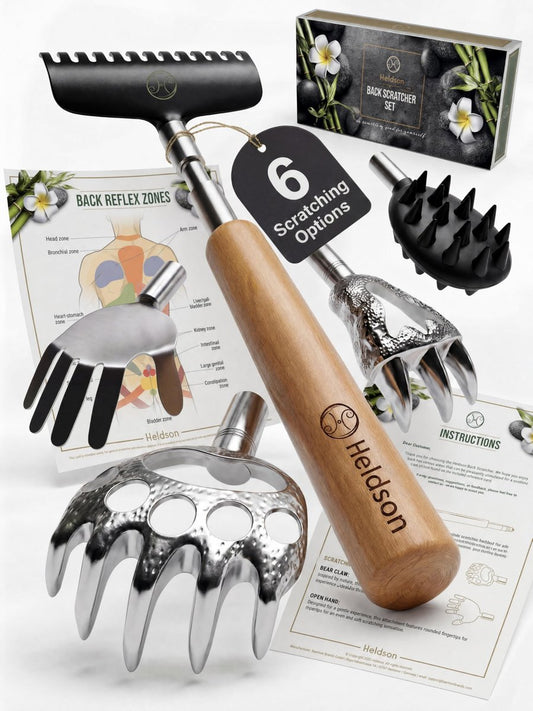HELDSON® Ausziehbarer Rückenkratzer [5 Kratzköpfe] - Teleskop-Rückenkratzer aus Edelstahl für Erwachsene - Metall-Bärenkralle Rückenkratzer-Stab - Geschenke für Männer und Frauen