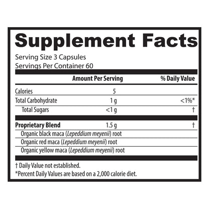 Zen Spirit Bio Maca-Wurzel Kapseln gelatiniert - Gelbe, rote & schwarze Pulvermischung - Vegan & Bio-zertifiziert - 180 Kapseln 500mg - Nahrungsergänzung für Männer und Frauen