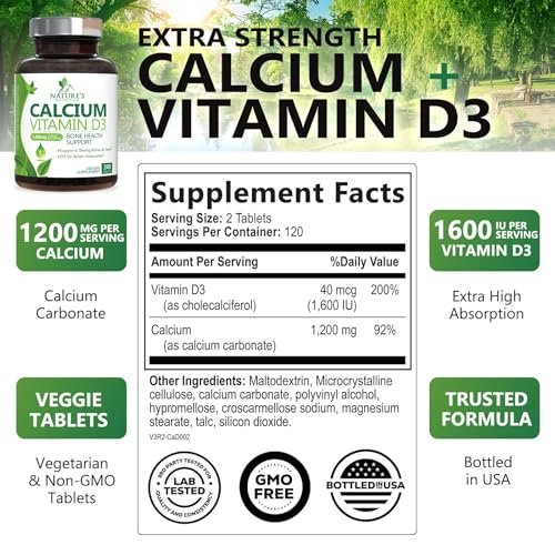 Calcium Supplement mit Vitamin D3 – 1200 mg Calcium pro Portion mit D3 für beste Aufnahme – Unterstützt Immunsystem, Knochen & Zähne – Nature's Calcium, in den USA abgefüllt für Frauen & Männer – 240 Tabletten
