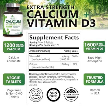 Calcium Supplement mit Vitamin D3 – 1200 mg Calcium pro Portion mit D3 für beste Aufnahme – Unterstützt Immunsystem, Knochen & Zähne – Nature's Calcium, in den USA abgefüllt für Frauen & Männer – 240 Tabletten