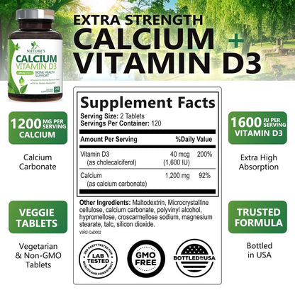 Calcium Supplement mit Vitamin D3 – 1200 mg Calcium pro Portion mit D3 für beste Aufnahme – Unterstützt Immunsystem, Knochen & Zähne – Nature's Calcium, in den USA abgefüllt für Frauen & Männer – 240 Tabletten