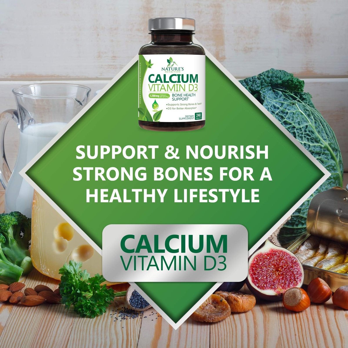 Calcium Supplement mit Vitamin D3 – 1200 mg Calcium pro Portion mit D3 für beste Aufnahme – Unterstützt Immunsystem, Knochen & Zähne – Nature's Calcium, in den USA abgefüllt für Frauen & Männer – 240 Tabletten