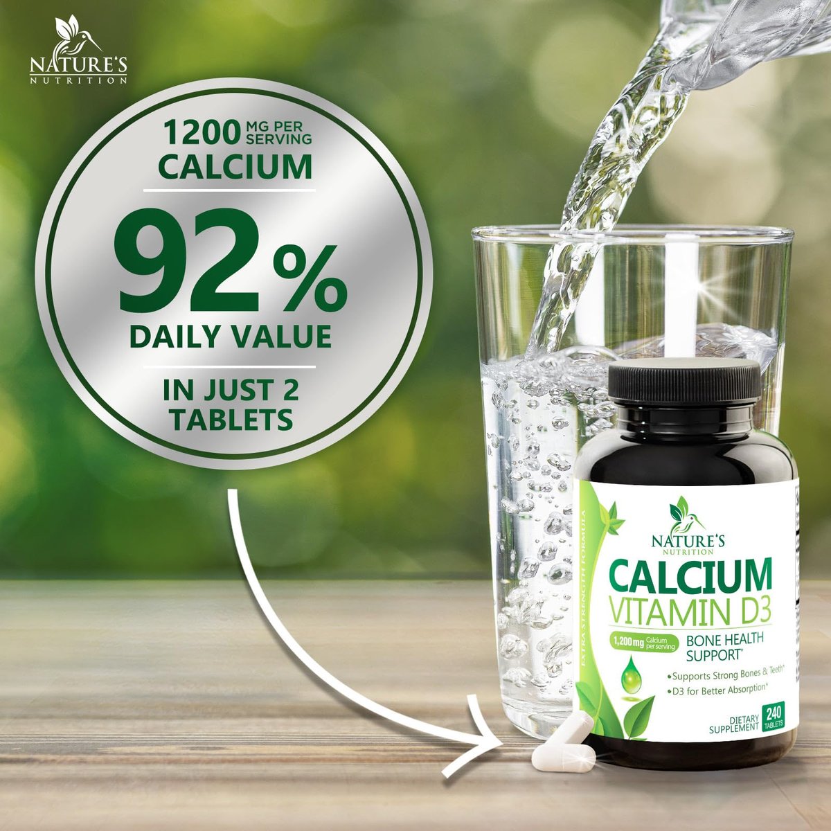 Calcium Supplement mit Vitamin D3 – 1200 mg Calcium pro Portion mit D3 für beste Aufnahme – Unterstützt Immunsystem, Knochen & Zähne – Nature's Calcium, in den USA abgefüllt für Frauen & Männer – 240 Tabletten