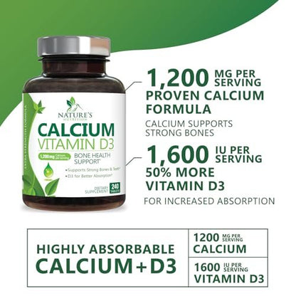 Calcium Supplement mit Vitamin D3 – 1200 mg Calcium pro Portion mit D3 für beste Aufnahme – Unterstützt Immunsystem, Knochen & Zähne – Nature's Calcium, in den USA abgefüllt für Frauen & Männer – 240 Tabletten