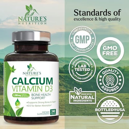 Calcium Supplement mit Vitamin D3 – 1200 mg Calcium pro Portion mit D3 für beste Aufnahme – Unterstützt Immunsystem, Knochen & Zähne – Nature's Calcium, in den USA abgefüllt für Frauen & Männer – 240 Tabletten