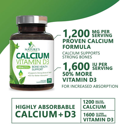 Calcium Supplement mit Vitamin D3 – 1200 mg Calcium pro Portion mit D3 für beste Aufnahme – Unterstützt Immunsystem, Knochen & Zähne – Nature's Calcium, in den USA abgefüllt für Frauen & Männer – 240 Tabletten