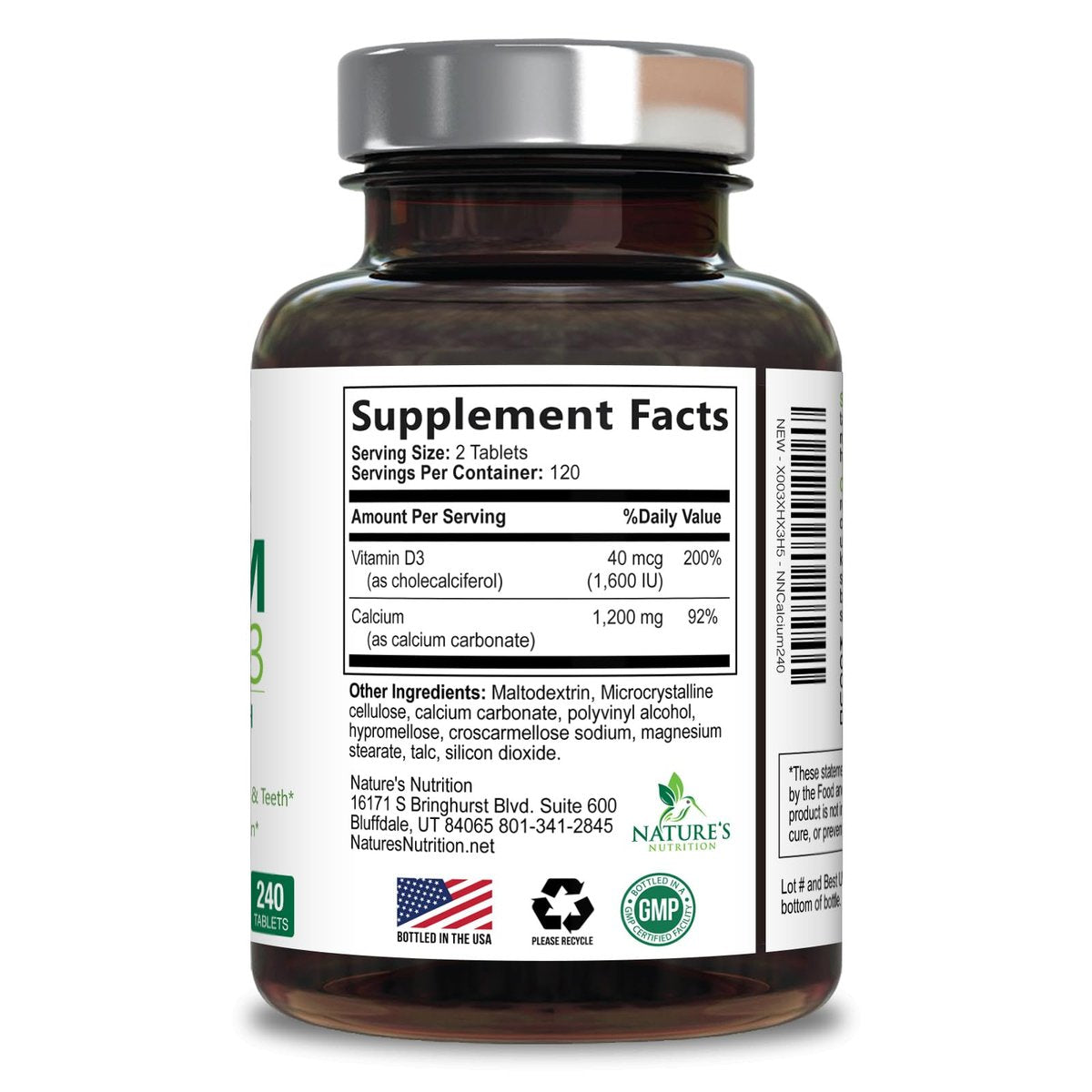 Calcium Supplement mit Vitamin D3 – 1200 mg Calcium pro Portion mit D3 für beste Aufnahme – Unterstützt Immunsystem, Knochen & Zähne – Nature's Calcium, in den USA abgefüllt für Frauen & Männer – 240 Tabletten