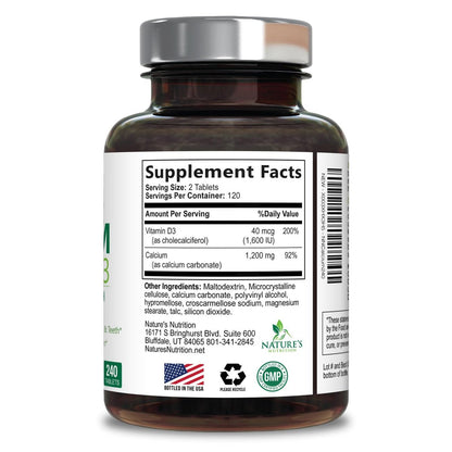 Calcium Supplement mit Vitamin D3 – 1200 mg Calcium pro Portion mit D3 für beste Aufnahme – Unterstützt Immunsystem, Knochen & Zähne – Nature's Calcium, in den USA abgefüllt für Frauen & Männer – 240 Tabletten
