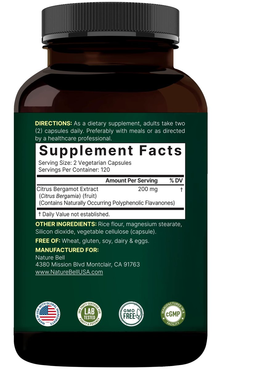 NatureBell Citrus Bergamot, 240 vegane Kapseln – Echtes Fruchtextrakt mit polyphenolischen Flavanonen – Non-GMO, cGMP-zertifiziert