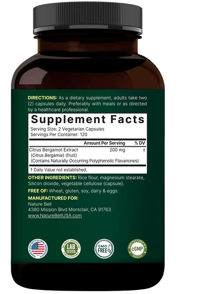 NatureBell Citrus Bergamot, 240 vegane Kapseln – Echtes Fruchtextrakt mit polyphenolischen Flavanonen – Non-GMO, cGMP-zertifiziert