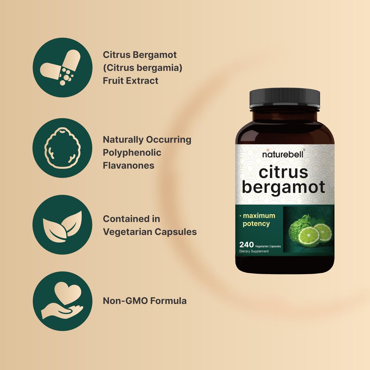 NatureBell Citrus Bergamot, 240 vegane Kapseln – Echtes Fruchtextrakt mit polyphenolischen Flavanonen – Non-GMO, cGMP-zertifiziert