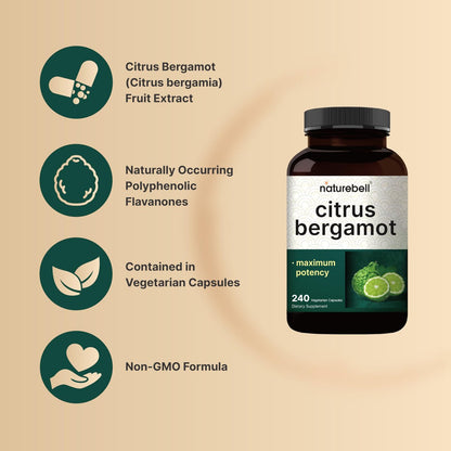 NatureBell Citrus Bergamot, 240 vegane Kapseln – Echtes Fruchtextrakt mit polyphenolischen Flavanonen – Non-GMO, cGMP-zertifiziert