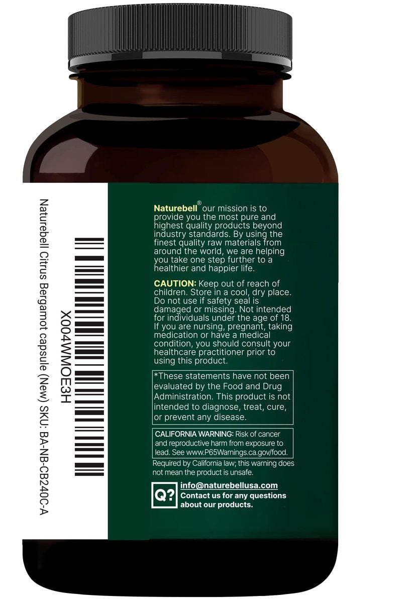 NatureBell Citrus Bergamot, 240 vegane Kapseln – Echtes Fruchtextrakt mit polyphenolischen Flavanonen – Non-GMO, cGMP-zertifiziert