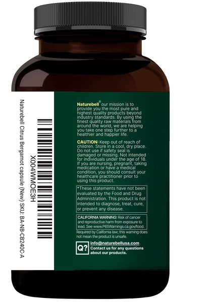 NatureBell Citrus Bergamot, 240 vegane Kapseln – Echtes Fruchtextrakt mit polyphenolischen Flavanonen – Non-GMO, cGMP-zertifiziert