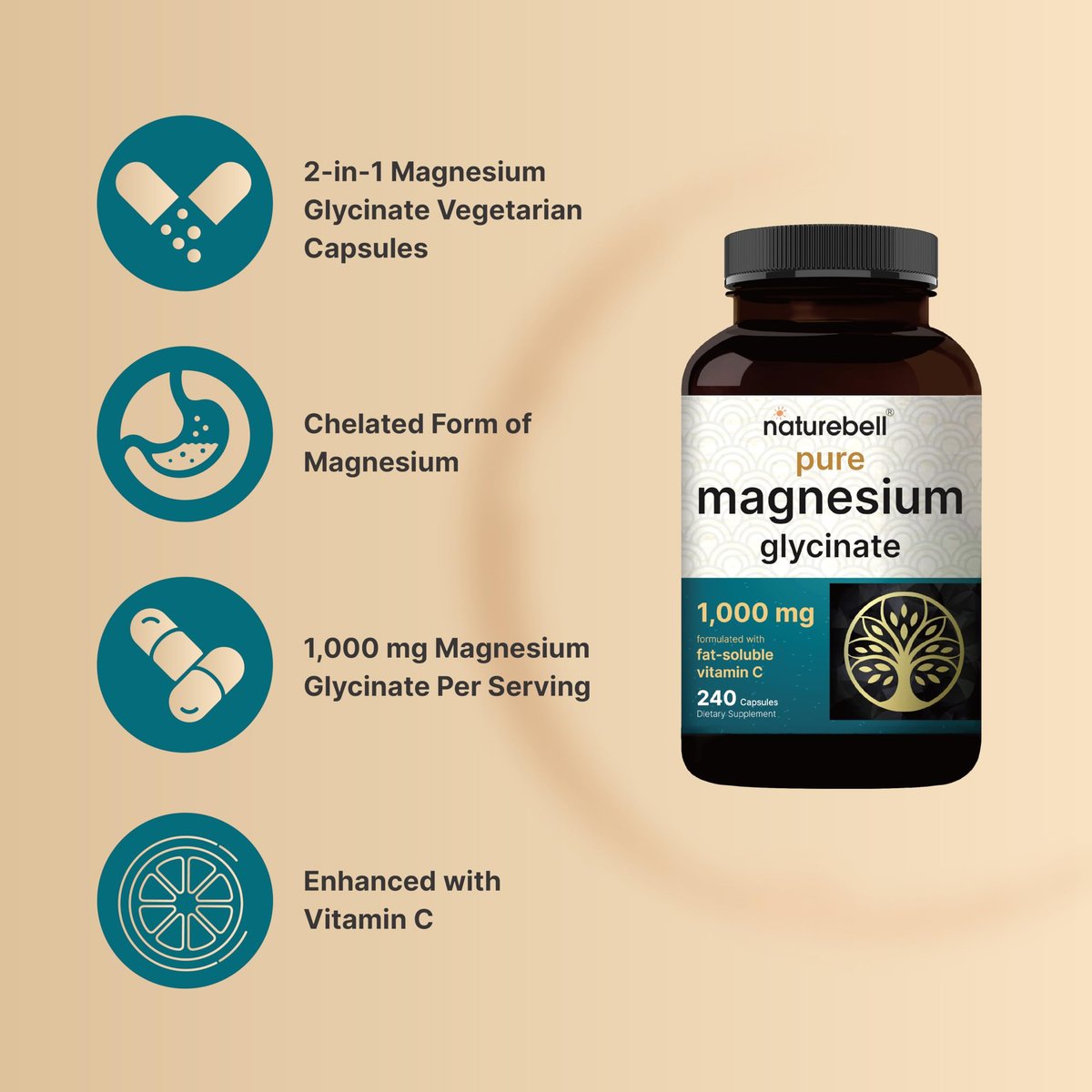 NatureBell Reines Magnesiumglycinat 1.000 mg, 240 vegane Kapseln | Chelat-Magnesium mit Vitamin C – Non-GMO, füllstofffrei, cGMP hergestellt
