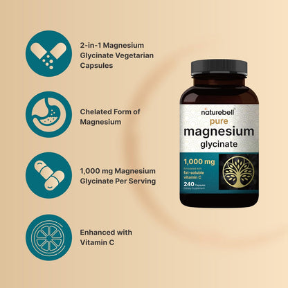 NatureBell Reines Magnesiumglycinat 1.000 mg, 240 vegane Kapseln | Chelat-Magnesium mit Vitamin C – Non-GMO, füllstofffrei, cGMP hergestellt