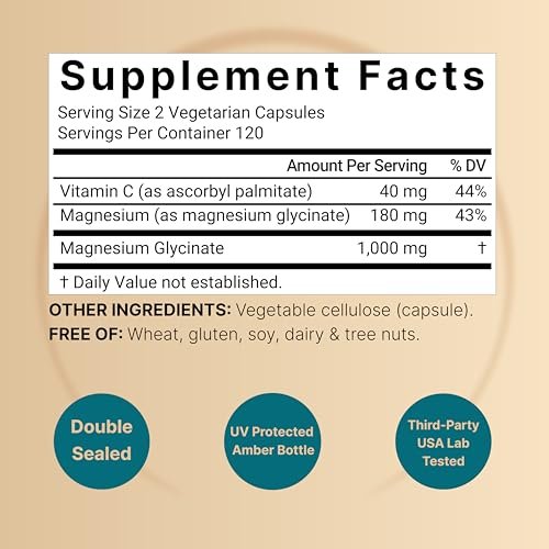 NatureBell Reines Magnesiumglycinat 1.000 mg, 240 vegane Kapseln | Chelat-Magnesium mit Vitamin C – Non-GMO, füllstofffrei, cGMP hergestellt