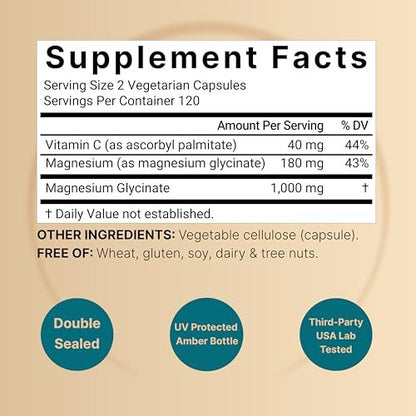 NatureBell Reines Magnesiumglycinat 1.000 mg, 240 vegane Kapseln | Chelat-Magnesium mit Vitamin C – Non-GMO, füllstofffrei, cGMP hergestellt