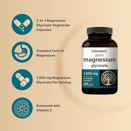 NatureBell Reines Magnesiumglycinat 1.000 mg, 240 vegane Kapseln | Chelat-Magnesium mit Vitamin C – Non-GMO, füllstofffrei, cGMP hergestellt
