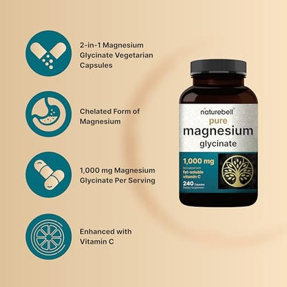 NatureBell Reines Magnesiumglycinat 1.000 mg, 240 vegane Kapseln | Chelat-Magnesium mit Vitamin C – Non-GMO, füllstofffrei, cGMP hergestellt