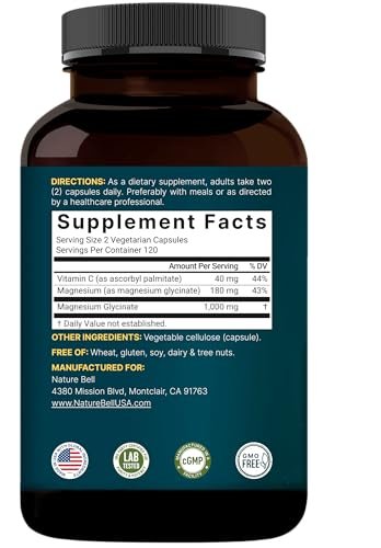 NatureBell Reines Magnesiumglycinat 1.000 mg, 240 vegane Kapseln | Chelat-Magnesium mit Vitamin C – Non-GMO, füllstofffrei, cGMP hergestellt