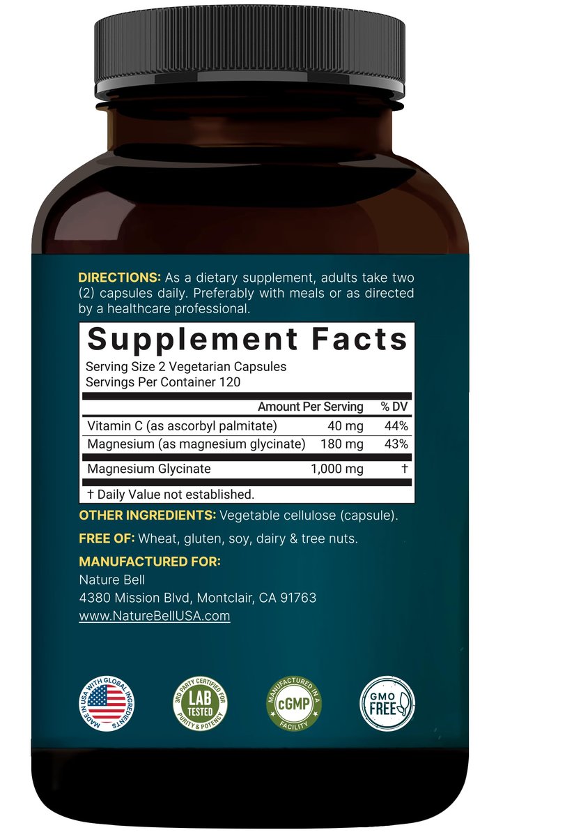 NatureBell Reines Magnesiumglycinat 1.000 mg, 240 vegane Kapseln | Chelat-Magnesium mit Vitamin C – Non-GMO, füllstofffrei, cGMP hergestellt