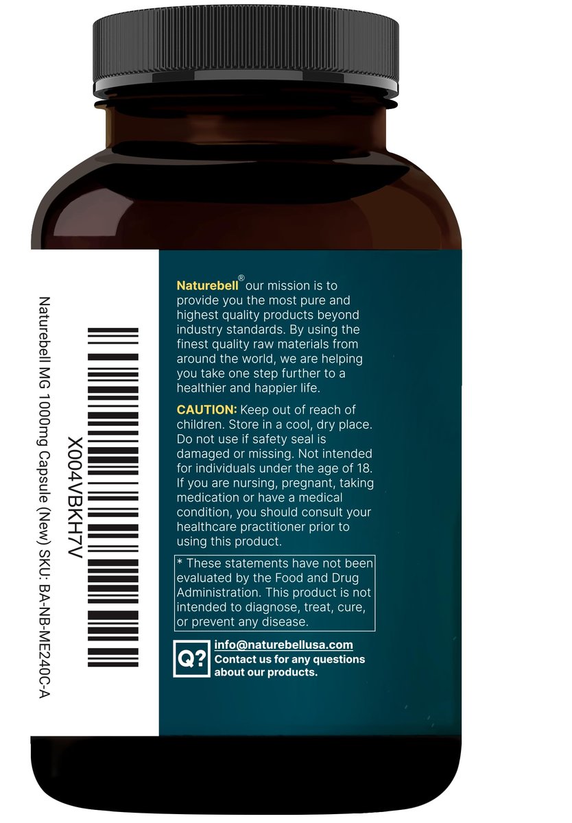 NatureBell Reines Magnesiumglycinat 1.000 mg, 240 vegane Kapseln | Chelat-Magnesium mit Vitamin C – Non-GMO, füllstofffrei, cGMP hergestellt